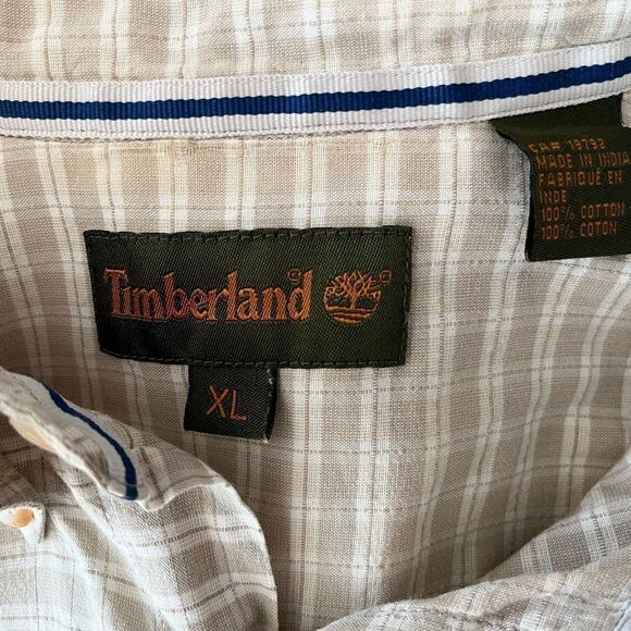 Timberland button front short sleeved tan/white plaid shirt size XL - Picture 6 of 6